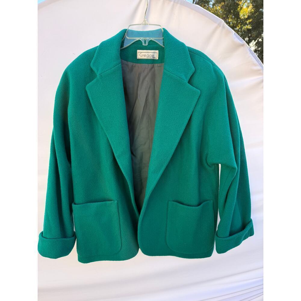 Vintage 70s Gregge Sport Green 100% Wool Union Made Open Front Coat Sz 8